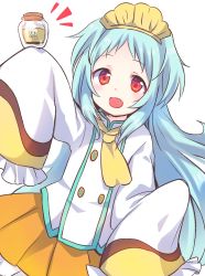 Rule 34 | 1girl, :d, arm up, blue hair, blush, bottle, commentary request, dutch angle, fang, frilled sleeves, frills, gucchiann, highres, jacket, long hair, long sleeves, looking at viewer, miyako (princess connect!), notice lines, open mouth, orange skirt, pleated skirt, princess connect!, red eyes, simple background, skirt, sleeves past fingers, sleeves past wrists, smile, solo, very long hair, white background, white jacket, yellow neckwear