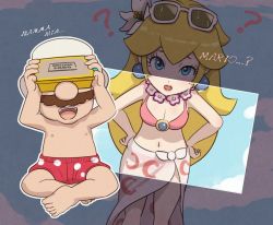 Rule 34 | 1boy, 1girl, bikini, blonde hair, blue eyes, blue sky, breasts, brown hair, cleavage, earrings, facial hair, gonzarez, hands on own hips, happy, head-mounted display, jewelry, long hair, looking at viewer, mario, mario (series), medium breasts, mustache, navel, necklace, nintendo, nintendo switch, open mouth, princess peach, princess peach (swimwear), sky, smile, standing, sunglasses, super mario odyssey, swimsuit