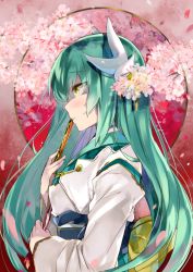 Rule 34 | 1girl, blush, breasts, cherry blossoms, commentary request, fate/grand order, fate (series), folded fan, folding fan, from side, green hair, hand fan, horns, japanese clothes, kibii mocha, kiyohime (fate), long hair, multiple horns, solo, yellow eyes