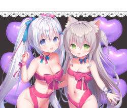 Rule 34 | 2girls, :d, animal ear fluff, animal ears, balloon, black background, blue choker, blue eyes, blue hair, bow, breasts, cat ears, choker, cleavage, collarbone, copyright request, grey hair, groin, hair ornament, hairclip, hand up, heart balloon, highres, long hair, medium breasts, multicolored hair, multiple girls, naked ribbon, navel, open mouth, out-of-frame censoring, pink hair, red bow, red ribbon, ribbon, small breasts, smile, streaked hair, twintails, two side up, upper body, usashiro mani, very long hair, virtual youtuber, x hair ornament