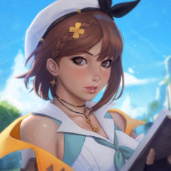 Rule 34 | 1girl, atelier (series), atelier ryza, atelier ryza 2, beret, blurry, book, braid, brown eyes, brown hair, cloud, commentary, day, earrings, english commentary, face, hair ornament, hat, highres, holding, holding book, ilya kuvshinov (style), jewelry, key, key necklace, lips, looking at viewer, necklace, outdoors, reisalin stout, rotisusu, short hair, side braid, sky, solo, white hat