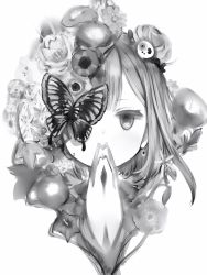 Rule 34 | 1girl, bad id, bad pixiv id, bug, butterfly, double bun, flower, greyscale, hair bun, hair flower, hair ornament, highres, hololive, insect, looking at viewer, monochrome, nanashi (nlo), one eye covered, own hands together, palms together, portrait, simple background, skull hair ornament, solo, uruha rushia, virtual youtuber, white background