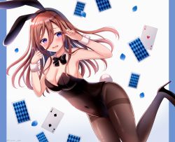 Rule 34 | 1girl, ace (playing card), ace of hearts, animal ears, bare shoulders, black bow, black bowtie, black footwear, black hairband, black leotard, blue background, blush, bow, bowtie, breasts, brown hair, brown pantyhose, card, cleavage, collar, commentary request, covered navel, detached collar, fake animal ears, fingernails, go-toubun no hanayome, grey background, hair between eyes, hairband, hands up, heart, high heels, leotard, long hair, looking at viewer, medium breasts, nail polish, nakano miku, open mouth, pantyhose, petals, pink nails, playboy bunny, playing card, purple eyes, rabbit ears, rabbit tail, sakura hiyori, shoes, solo, spade (shape), strapless, strapless leotard, tail, thighband pantyhose, twitter username, two-tone background, very long hair, white collar, wrist cuffs