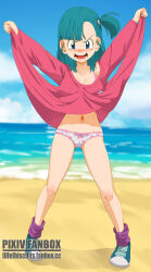 1girl annoyed aqua_hair arms_up beach blue_eyes blue_footwear blue_sky blush bra bra_strap breasts bulma cjhomics cleft_of_venus clothes_lift cloud collarbone day dot_nose dragon_ball dragon_ball_(classic) dress dress_lift embarrassed eyebrows eyelashes female_focus large_breasts legs_apart lifting_own_clothes long_hair looking_at_viewer navel ocean one_side_up open_mouth outdoors panties pink_bra pink_dress pink_panties pov purple_socks sand shoes sky sneakers socks solo standing teeth tongue two-tone_footwear two-tone_panties underwear water white_footwear white_panties