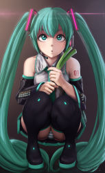 Rule 34 | 1girl, absurdres, black footwear, black skirt, boots, detached sleeves, food, full body, glowing, green eyes, green hair, hatsune miku, headgear, headset, highres, holding, holding food, long hair, matching hair/eyes, necktie, novcel, panties, pantyshot, pleated skirt, skirt, solo, spring onion, squatting, striped clothes, striped panties, tattoo, thigh boots, thighhighs, twintails, underwear, upskirt, vegetable, very long hair, vocaloid