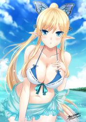 Rule 34 | 10s, 1girl, 2015, :o, artist name, bare shoulders, bikini, blonde hair, blue eyes, blush, breasts, bug, butterfly, butterfly hair ornament, cleavage, cloud, curvy, dated, day, female focus, front-tie top, hair ornament, highres, bug, kirika towa alma, large breasts, long hair, looking at viewer, navel, parted lips, pointy ears, ponytail, sarong, shining (series), shining resonance, sky, solo, swimsuit, the-sinner, thigh gap, very long hair, wide hips
