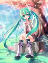Rule 34 | 1girl, absurdres, black legwear, blush, boots, cloud, day, green eyes, green hair, hatsune miku, high boots, highres, hill, jacket, long hair, matching hair/eyes, murasaki shitsu, open mouth, outdoors, petals, pigeon-toed, sitting, skirt, smile, solo, tooth, tree, twintails, very long hair, vocaloid, wind, zi se, zipper