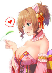 Rule 34 | 1girl, alternate breast size, animal ears, arm at side, back bow, bare shoulders, bell, blush, bow, breasts, brown hair, cat ears, cat teaser, cleavage, collar, detached collar, detached sleeves, fake animal ears, fang, frilled collar, frills, from side, green eyes, hair bell, hair ornament, hair ribbon, hair up, heart, idolmaster, idolmaster cinderella girls, japanese clothes, koukoku, large breasts, maekawa miku, medium hair, nail polish, obi, open mouth, ponytail, red ribbon, ribbon, sash, short ponytail, simple background, solo, spoken heart, upper body, wavy hair, white background
