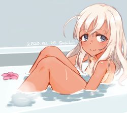 Rule 34 | 1girl, alakoala, bathing, blonde hair, blue eyes, dated, grey background, highres, kantai collection, long hair, looking at viewer, one-piece tan, ro-500 (kancolle), simple background, solo, tan, tanline, twitter username, upper body, wet