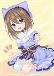 Rule 34 | 1girl, animal ears, aqua eyes, blush, bow, brown hair, cat ears, cat tail, commission, crescent, dress, hair between eyes, hat, heart, kumonoue yumemi, looking at viewer, nagasioo, open mouth, purple dress, purple hat, short hair, short sleeves, simple background, single thighhigh, skeb commission, solo, tail, thighhighs, two-tone background, virtual youtuber, white thighhighs, yumemi channel