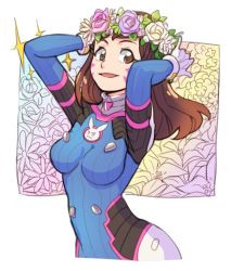 Rule 34 | 1girl, animal print, arm up, armor, bad id, bad twitter id, blue bodysuit, blunt bangs, bodysuit, boots, bracer, breasts, breasts apart, brown eyes, brown hair, commentary request, d.va (overwatch), facepaint, facial mark, floral background, flower, gloves, hair flower, hair ornament, head wreath, headphones, jocheong, long hair, looking at viewer, medium breasts, open mouth, overwatch, overwatch 1, pauldrons, pilot suit, rabbit print, ribbed bodysuit, shoulder armor, shoulder pads, skin tight, smile, solo, sparkle, standing, thigh boots, thighhighs, turtleneck, upper body, whisker markings, white background, white footwear, white gloves