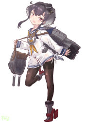Rule 34 | 1girl, adapted turret, anchor necklace, anchor symbol, black hair, black pantyhose, blue sailor collar, brown eyes, cannon, dress, fuji (pixiv24804665), full body, gradient hair, hat, jewelry, kantai collection, lowleg, lowleg pantyhose, machinery, mini hat, multicolored hair, neckerchief, necklace, pantyhose, sailor collar, sailor dress, short hair, short hair with long locks, sidelocks, simple background, smile, smokestack hair ornament, solo, standing, standing on one leg, thick eyebrows, tied dress, tokitsukaze (kancolle), turret, white background, white dress, yellow neckerchief