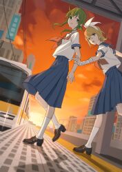 Rule 34 | 2girls, bandaged arm, bandages, black footwear, blonde hair, blue eyes, blue skirt, bow, bow hairband, building, city, dutch angle, empty eyes, from below, green eyes, green hair, gumi, hair bow, hairband, highres, holding another&#039;s arm, kagamine rin, kneehighs, long skirt, looking at another, looking back, mary janes, multiple girls, neckerchief, open mouth, outdoors, overhead line, parted lips, pleated skirt, red neckerchief, school uniform, shirt, shoes, short hair with long locks, short sleeves, sideways glance, skirt, socks, sunset, tactile paving, train, train station, vocaloid, walking, white bow, white shirt, white socks, wounds404