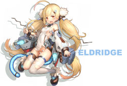 Rule 34 | 1girl, ahoge, azur lane, blonde hair, blush, brown eyes, brown footwear, character name, detached sleeves, dowsing rod, eldridge (azur lane), facial mark, full body, fur trim, groin, hair ornament, hairclip, head tilt, highres, holding, kakinomai, legs up, long hair, long sleeves, looking at viewer, open mouth, silhouette, solo, thighhighs, torn clothes, torn thighhighs, twintails, v-shaped eyebrows, very long hair, white background, white thighhighs