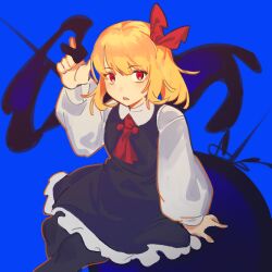 Rule 34 | 1girl, ascot, blonde hair, blue background, blue sky, darkness, day, expressionless, hair ribbon, hand up, highres, long sleeves, medium hair, ntii, open mouth, pantyhose, red eyes, ribbon, rumia, shirt, short hair, simple background, skirt, sky, solo, touhou