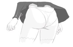 Rule 34 | 1990s (style), 1girl, 78 (tky8), agent aika, aika (series), ass, black delmo, delmo, dress, head out of frame, monochrome, panties, pantyshot, retro artstyle, skin tight, thighhighs, tight clothes, underwear, white panties, white thighhighs, wind, wind lift