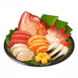 Rule 34 | artist request, commentary, english commentary, fish, fish (food), food, food focus, game cg, genshin impact, leaf, lowres, no humans, official art, plate, sashimi, shrimp, simple background, still life, third-party source, transparent background