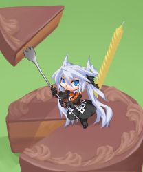 Rule 34 | 1girl, blue eyes, cake, cake slice, candle, food, fork, gauntlets, green background, highres, long hair, mini person, minigirl, mof, mof&#039;s silver haired twintailed girl, open mouth, original, pastry, silver hair, simple background, solo, standing, twintails, very long hair