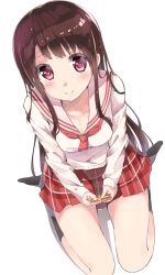 Rule 34 | 1girl, black socks, breasts, brown hair, chikuwa., cleavage, closed mouth, collarbone, downblouse, dutch angle, from above, gift, holding, holding gift, kneehighs, long hair, looking at viewer, medium breasts, neckerchief, original, pink eyes, red neckerchief, school uniform, serafuku, shadow, simple background, sitting, smile, socks, solo, tareme, thigh gap, thighs, very long hair, wariza, white background