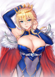 Rule 34 | 1girl, absurdres, aqua eyes, arm up, armpits, artoria pendragon (fate), artoria pendragon (lancer) (fate), bed sheet, blonde hair, blush, braid, breasts, cape, character name, cleavage, commentary request, covered navel, crown, fate/grand order, fate (series), fingernails, french braid, fur trim, hair ornament, heattech leotard, highres, jewelry, large breasts, leotard, lips, looking at viewer, lying, on back, sidelocks, signature, smile, solo, sparkle, tsuki no i-min, turtleneck, upper body