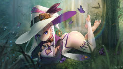 Rule 34 | 1girl, absurdres, ass, barefoot, blue eyes, blurry, braid, breasts, bug, butterfly, cleavage, cleavage cutout, clothing cutout, depth of field, diamond-shaped pupils, diamond (shape), feather hair ornament, feet, forest, hair ornament, hat, highres, insect, long hair, looking at viewer, lying, mole, mole on breast, nail polish, nature, on stomach, parted lips, shrug (clothing), single braid, soles, solo, stirrup legwear, symbol-shaped pupils, thighhighs, toeless legwear, toenail polish, toenails, toes, white hair, white hat, white thighhighs, witch hat