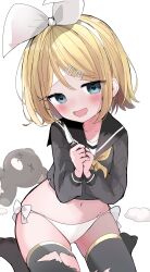 Rule 34 | 1girl, :d, absurdres, black shirt, blonde hair, blue eyes, blush, hair ornament, hair ribbon, hairclip, headband, heart, heart-shaped pupils, highres, holding, holding weapon, kagamine rin, kneeling, long sleeves, looking at viewer, navel, neckerchief, no pants, no shoes, nocchi (r ws2l), open mouth, panties, parted bangs, ribbon, sailor collar, shirt, short hair, side-tie panties, simple background, smile, stuffed animal, stuffed toy, symbol-shaped pupils, tagme, teddy bear, thighhighs, torn clothes, torn legwear, underwear, vocaloid, weapon, white background, white panties
