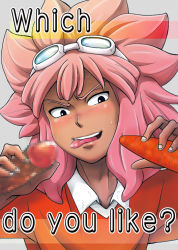Rule 34 | 1boy, bad id, bad pixiv id, blush, carrot, censored, dark skin, dark-skinned male, english text, goggles, goggles on head, inazuma eleven, inazuma eleven (series), long hair, male focus, naughty face, penis, pink hair, se-am, smile, solo focus, tongue, tongue out, tsunami jousuke