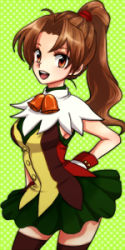 Rule 34 | 1girl, bell, brown eyes, brown hair, female focus, gensou suikoden, gensou suikoden i, gensou suikoden ii, gomao, hands on own hips, long hair, lowres, meg (suikoden), miniskirt, open mouth, ponytail, simple background, skirt, solo, thighhighs