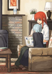Rule 34 | 2girls, aged down, alternate costume, blue eyes, book, braid, contemporary, couch, drawing (object), hair ribbon, hong meiling, indoors, izayoi sakuya, long hair, multiple girls, open book, open mouth, photo album, red hair, ribbon, shibasaki shouji, short hair, silver hair, sitting, smile, table, touhou, twin braids, vase