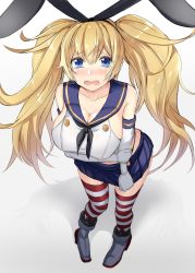 Rule 34 | 1girl, animal ears, bare shoulders, blonde hair, blue eyes, blush, breasts, cleavage, cosplay, crying, dress, fake animal ears, full body, gambier bay (kancolle), gin&#039;ichi (akacia), hair ornament, hair ribbon, kantai collection, large breasts, long hair, looking at viewer, miniskirt, open mouth, rabbit ears, rabbit hair ornament, ribbon, sailor dress, school uniform, serafuku, shimakaze (kancolle), shimakaze (kancolle) (cosplay), skirt, socks, solo, standing, striped clothes, striped thighhighs, tears, thighhighs, twintails