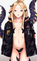 Rule 34 | 1girl, abigail williams (fate), abigail williams (traveling outfit) (fate), alternate hairstyle, bad id, bad pixiv id, bandaid, bandaid on face, bandaid on forehead, belt, black bow, black jacket, blonde hair, blue eyes, blush, bow, breasts, coat, collarbone, fary5, fate/grand order, fate (series), forehead, gluteal fold, hair bow, hair bun, high collar, highres, jacket, long hair, looking at viewer, naked coat, navel, official alternate costume, open clothes, open jacket, orange bow, parted bangs, pasties, polka dot, polka dot bow, single hair bun, sleeves past fingers, sleeves past wrists, small breasts, solo, tentacles, thighs