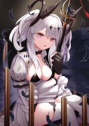 Rule 34 | 1girl, azur lane, black choker, black feathers, breasts, center opening, choker, diamond (shape), dress, feathers, fingerless gloves, fleur-de-lis, framed breasts, from side, gloves, headgear, highres, holding, joffre (azur lane), juliet sleeves, long hair, long sleeves, looking at viewer, medium breasts, puffy sleeves, purple eyes, rakuhinata, sitting, solo, thighhighs, twintails, white dress, white hair, white thighhighs
