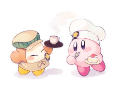 Rule 34 | apron, cake, cake slice, cf217, chef hat, cup, closed eyes, food, fork, hat, holding, holding cake, holding food, holding fork, holding plate, kirby, kirby (series), nintendo, no humans, plate, simple background, star (symbol), steam, utensil in mouth, waddle dee, white background