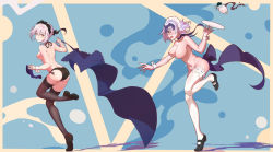 Rule 34 | 2girls, abstract background, absurdres, apron, artoria pendragon (alter swimsuit rider) (fate), artoria pendragon (fate), ass, back, bad id, bad pixiv id, black choker, black footwear, black hat, black legwear, black panties, black ribbon, blue apron, bouncing breasts, breasts, brown eyes, chasing, choker, closed mouth, clothes theft, coffee, coffee cup, collarbone, crying, crying with eyes open, cup, disposable cup, dress, embarrassed, fate/grand order, fate (series), full body, goti (gotie23), hair ribbon, hat, headpiece, highres, jeanne d&#039;arc (fate), jeanne d&#039;arc alter (avenger) (fate), jeanne d&#039;arc alter (fate), large breasts, leg up, looking back, maid headdress, mary janes, medium breasts, mini hat, multiple girls, navel, nude, open mouth, outstretched arm, panties, pink hair, plate, profile, ribbed dress, ribbon, running, shoes, short hair, side-tie panties, sideboob, smile, spilling, tears, theft, thighhighs, topless, underwear, underwear only, wavy mouth, white choker, white legwear, wrist cuffs, yellow eyes