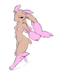 Rule 34 | 1girl, alternate color, animal ears, animal hands, breasts, collarbone, creatures (company), feet, full body, furry, furry female, game freak, gen 4 pokemon, glacier clear, half-closed eyes, highres, looking away, lopunny, navel, nintendo, nipples, nude, open mouth, partially visible vulva, personification, pink eyes, pokemon, pokemon (creature), pokemon dppt, pussy, pussy peek, rabbit ears, rabbit tail, shiny pokemon, simple background, small breasts, solo, tail, walking, white background