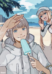 Rule 34 | 1058hoshi, 1boy, 1girl, artoria caster (fate), artoria caster (swimsuit) (fate), artoria caster (swimsuit) (first ascension) (fate), artoria pendragon (fate), beach, blonde hair, blue eyes, blue sky, closed mouth, coat, drawstring, fate/grand order, fate (series), food, grey hair, hair bun, holding, holding food, holding popsicle, jacket, long sleeves, nostrils, oberon (fate), oberon (refreshing summer prince) (fate), ocean, open mouth, palm tree, popsicle, sky, smile, solo focus, summer, tree, twintails, water, white coat, white jacket