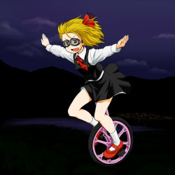 Rule 34 | 1girl, :d, bad id, bad pixiv id, blonde hair, blouse, embodiment of scarlet devil, fang, female focus, flying, goggles, hair ribbon, hop-step-jump, lights, mary janes, necktie, night, open mouth, outstretched arm, outstretched arms, red eyes, red necktie, ribbon, rumia, shirt, shoes, short hair, skirt, smile, socks, solo, spread arms, touhou, unicycle, vest, white socks