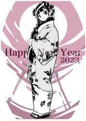 Rule 34 | 1girl, 2023, absurdres, alternate language, english text, from side, full body, hair behind ear, happy new year, head tilt, highres, japanese clothes, kimono, looking at viewer, new year, original, rolan-ce, sandals, scarf, smile, solo, spot color, zouri