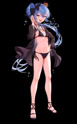 Rule 34 | 1girl, :d, absurdres, bikini, bikini under clothes, black background, black bikini, blue eyes, blue hair, blue nails, bow, bracelet, breasts, crown, earrings, full body, hair between eyes, hair bow, halterneck, highres, hololive, hoshimachi suisei, jacket, jewelry, long hair, looking at viewer, mini crown, nail polish, navel, open clothes, open jacket, open mouth, sandals, side-tie bikini bottom, side ponytail, small breasts, smile, solo, star (symbol), star earrings, stomach, string bikini, swimsuit, very long hair, virtual youtuber, yozora (1wkdgusdn)