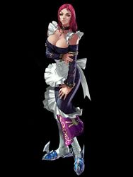 Rule 34 | 1girl, apron, black background, breasts, choker, chronicles of the sword, cleavage, detached sleeves, extra, hand on leg, huge weapon, kawano takuji, large breasts, long hair, maid, maid apron, official art, red hair, solo, soul calibur, soulcalibur, soulcalibur iii, thighhighs, valeria, weapon