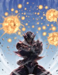 Rule 34 | 1boy, akimaru, armor, blade, blue sky, blurry, blurry background, cloud, cloudy sky, explosion, explosive, full armor, glowing, glowing eyes, helmet, highres, male focus, outdoors, parted lips, pauldrons, pixiv fantasia, pixiv fantasia last saga, punching, red eyes, shoulder armor, sky, smile, smirk, solo, standing, steam, weapon, white hair