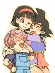 Rule 34 | 10s, 1girl, 2boys, ;), black hair, blush stickers, child, chinese clothes, closed eyes, dragon ball, dragon ball super, dragonball z, hand on own face, hands on another&#039;s shoulder, happy, hug, multiple boys, one eye closed, open mouth, overalls, purple eyes, purple hair, short hair, simple background, smile, son goten, trunks (dragon ball), videl, white background, wristband, yochimune