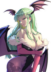 Rule 34 | 1girl, absurdres, animal print, arched back, arm under breasts, bare shoulders, bat print, bat wings, black leotard, blunt bangs, breasts, bridal gauntlets, cleavage, clothing cutout, collarbone, contrapposto, cowboy shot, curvy, demon girl, fur trim, gloves, green eyes, green hair, head wings, heart cutout, highleg, highleg leotard, highres, large breasts, leaning forward, leotard, lips, long hair, looking at viewer, low neckline, low wings, morrigan aensland, nose, pantyhose, pink gloves, print pantyhose, purple pantyhose, purple wings, sidelocks, sideways glance, simple background, slit pupils, solo, tienao, tongue, tongue out, tsurime, vampire (game), white background, wings