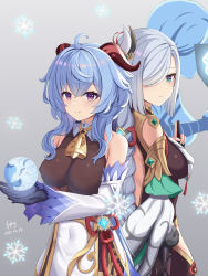 Rule 34 | 1girl, 2girls, ahoge, artist name, bare shoulders, bell, black gloves, blue hair, blush, braid, breast curtain, breasts, chinese knot, clothing cutout, covered navel, dated, detached sleeves, flower knot, from side, ganyu (genshin impact), genshin impact, gloves, gold trim, hair over one eye, highres, hip vent, horns, long hair, looking at viewer, low-braided long hair, low-tied long hair, medium breasts, multiple girls, neck bell, orb, partially fingerless gloves, power connection, purple eyes, shenhe (genshin impact), shoulder cutout, sideboob, sidelocks, smile, snowflakes, tassel, upper body, vision (genshin impact), white sleeves, zhushameiliu