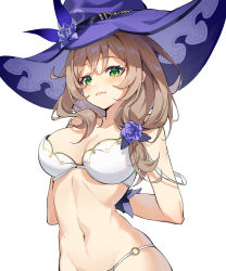 Rule 34 | 1girl, absurdres, bikini, blush, breasts, brown hair, cleavage, commentary, flower, genshin impact, green eyes, hair flower, hair ornament, hat, hat flower, highres, large breasts, lisa (genshin impact), long hair, looking at viewer, navel, o-ring, o-ring bikini, purple flower, purple hat, purple rose, rose, shao (shaorouhong), simple background, solo, stomach, swimsuit, upper body, white background, white bikini, witch hat