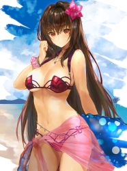 Rule 34 | 1girl, alternate hair color, arm behind back, beach, bikini, blue sky, bracelet, breasts, brown hair, cleavage, cloud, cloudy sky, cowboy shot, day, fate/grand order, fate (series), flower, hair between eyes, hair flower, hair ornament, hand to own mouth, highres, hitaki yuu, innertube, jewelry, large breasts, long hair, navel, necklace, outdoors, pink bikini, red eyes, sarong, scathach (fate), scathach (fate/grand order), scathach (swimsuit assassin) (fate), scrunchie, see-through, skindentation, sky, solo, string bikini, swim ring, swimsuit, very long hair, wet, wet hair, wrist scrunchie