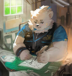 Rule 34 | 1boy, animal ears, armband, bandaid, bandaid on face, bara, belly, black vest, blue eyes, blue fur, blue shirt, dog boy, dog ears, fang, fang out, fat, fat man, furry, furry male, indoors, key, keyhole, lanyard, live a hero, male focus, pocket, ponytail, pouch, quill, shirt, signature, sleeveless, sleeveless jacket, solo, sweatdrop, table, thick arms, thick eyebrows, upper body, vest, weibo, weibo 6537865143, white fur, writing, yohack