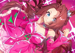 Rule 34 | 1girl, artist logo, artist name, bare shoulders, blue eyes, blush, breasts, brown hair, cleavage, cleavage cutout, clenched hand, closed mouth, clothing cutout, detached sleeves, diffraction spikes, dress, dutch angle, eyes visible through hair, hand on own cheek, hand on own face, hands up, highres, horse girl, kawakami princess (umamusume), laces, long hair, looking at viewer, parted bangs, petticoat, pink dress, sleeveless, sleeveless dress, smile, solo, umamusume, yanyo (ogino atsuki)