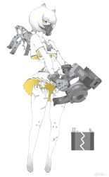 Rule 34 | 1girl, clothes writing, covered mouth, crop top, cropped shirt, cyborg, full body, highres, holding, liren44, looking at viewer, machine, mechanical arms, mechanical hands, mechanical legs, mechanical parts, mechanical spine, metal, miniskirt, monochrome, neckerchief, original, pleated skirt, respirator, roman numeral, sailor collar, science fiction, short hair, short sleeves, skirt, solo, spot color, weibo logo, weibo watermark, yellow eyes