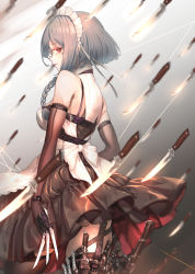 Rule 34 | 1girl, alternate costume, apron, bare shoulders, belt, between breasts, between fingers, black gloves, bra strap, braid, breasts, buckle, commentary request, elbow gloves, expressionless, gloves, gradient background, hair ribbon, highres, holding, holding knife, holster, izayoi sakuya, knife, knife sheath, knives between fingers, looking at viewer, looking back, maid, maid apron, maid headdress, medium breasts, red eyes, ribbon, sash, sheath, short hair with long locks, silver hair, solo, standing, thigh holster, thighs, too many, touhou, tress ribbon, twin braids, upper body, ura illust, white sash